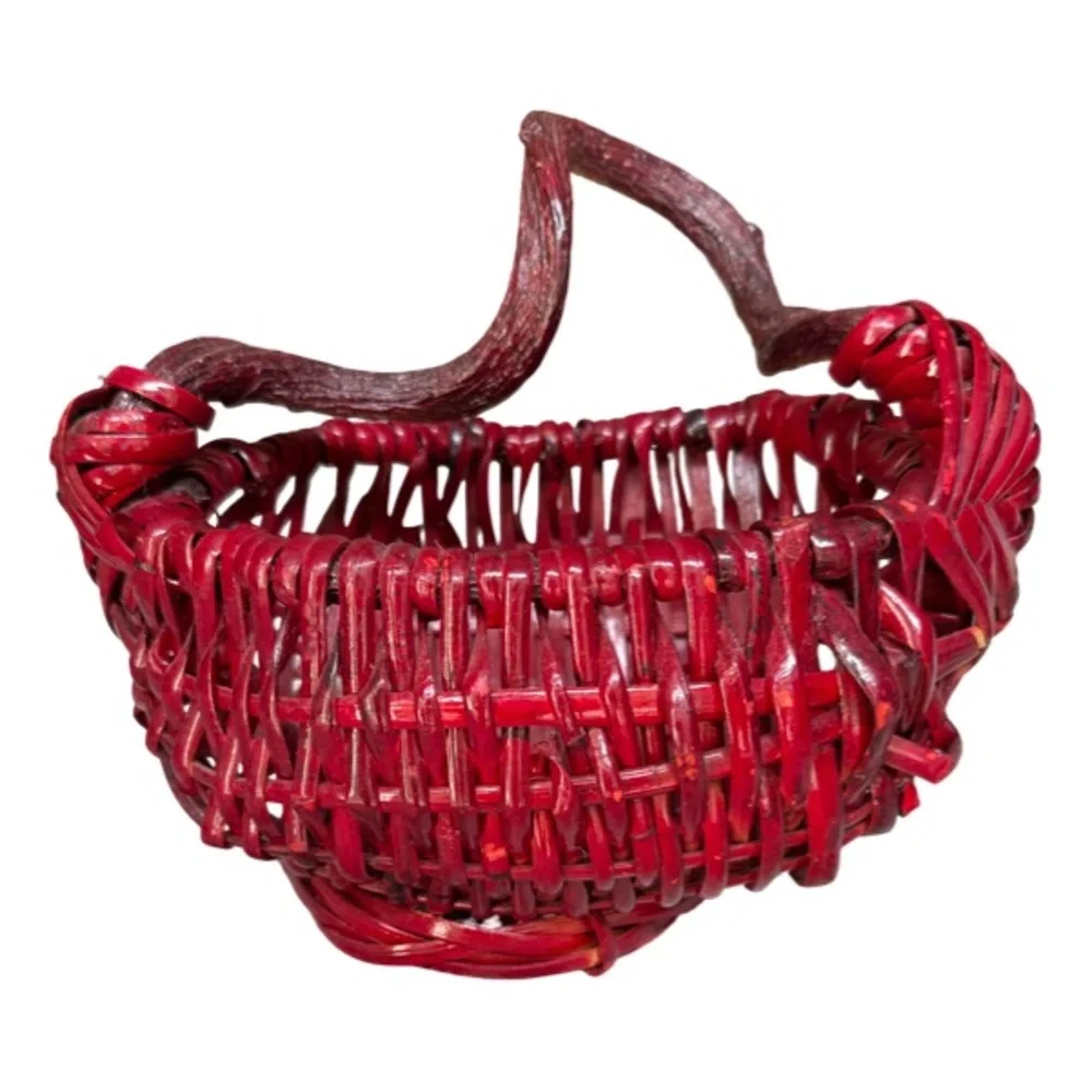 Vintage Red Primitive Woven Wicker Basket Vine Branch Handle Basket